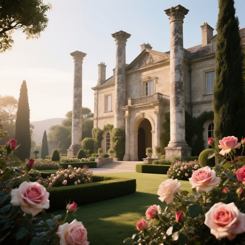 A Grand Estate Of Towering Limestone Pillars And Arched Doorways Stands Amid Manicured Gardens With