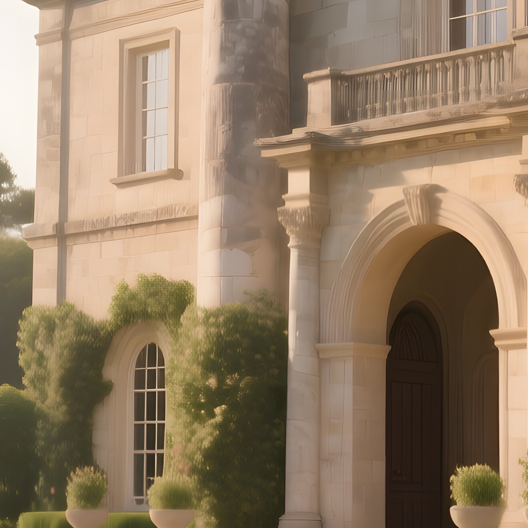 A Grand Estate Of Towering Limestone Pillars And Arched Doorways Stands Amid Manicured Gardens With - Full Resolution Quality Preview