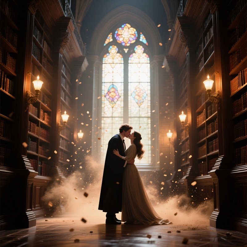 A Grand Library With Towering Bookshelves, A Scholar Kisses His Lover Amidst Floating Dust Motes