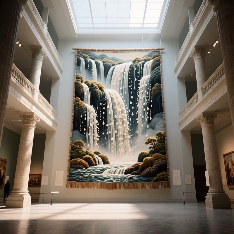 A Grand Museum Atrium Bathed In Natural Skylight, Showcasing An Enormous Suspended Wool Tapestry Of