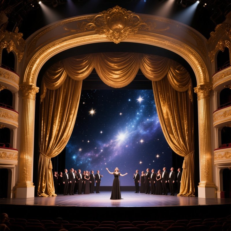 A Grand Opera Stage Set With Towering Gilded Arches, Velvet Curtains Drawn Back To Reveal A