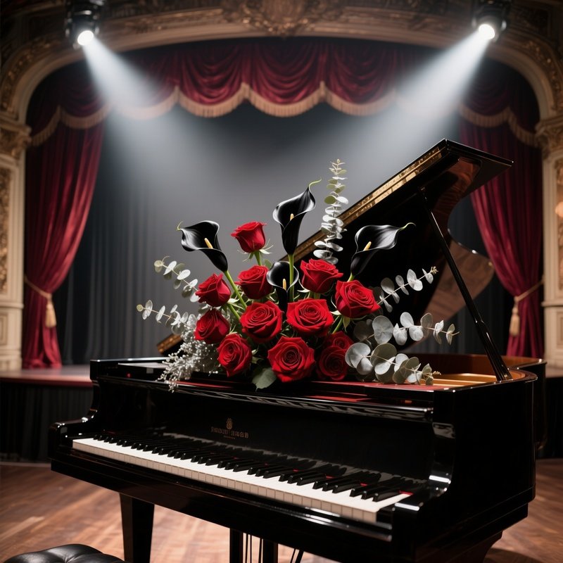 A Grand Piano Stage In An Old Theater, Velvet Curtains Drawn Back, A Dramatic Arrangement Of Deep