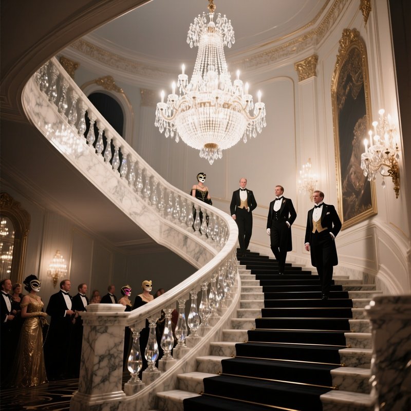 A Grand Staircase Illuminated By A Massive Crystal Chandelier, Marble Balustrades Reflecting Light