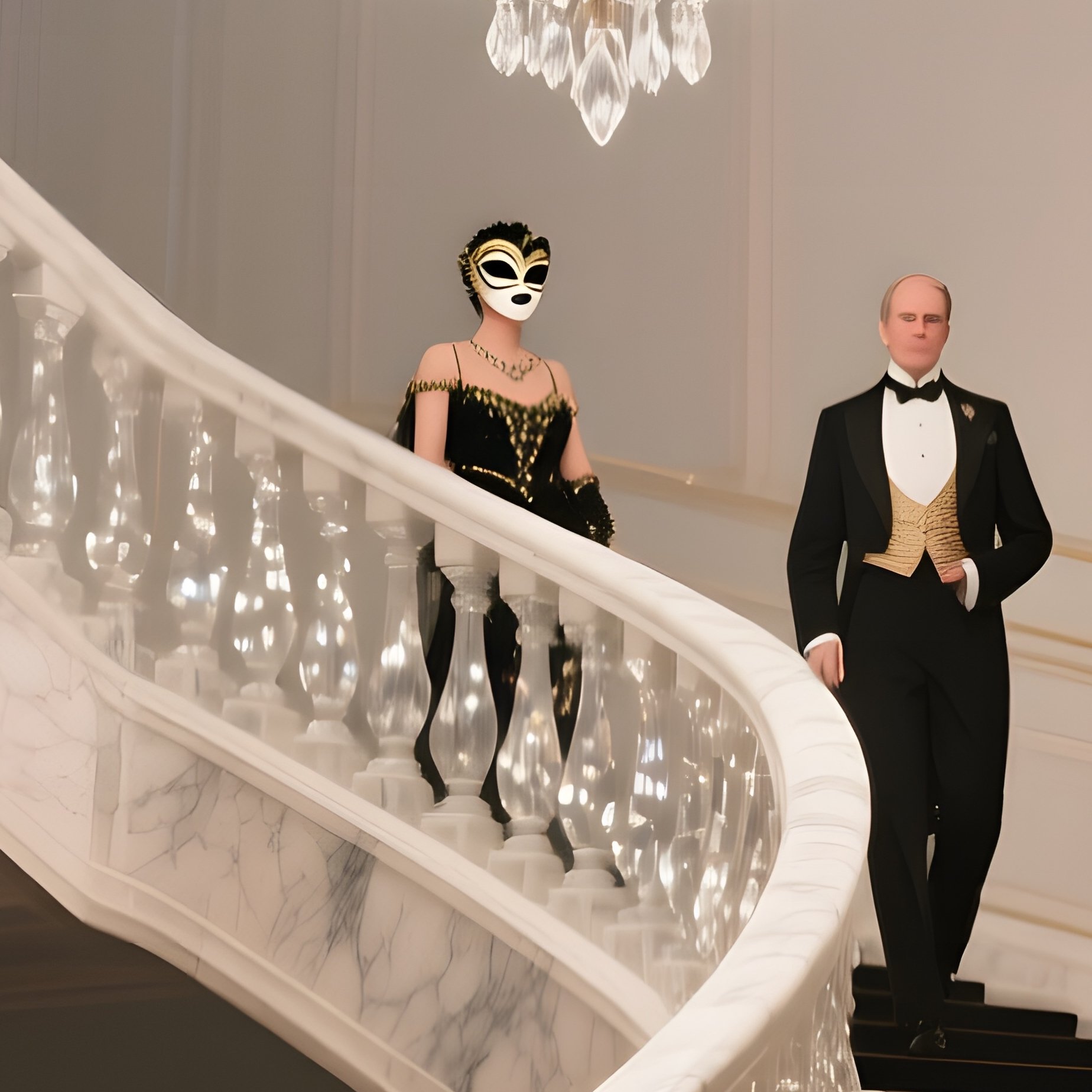 A Grand Staircase Illuminated By A Massive Crystal Chandelier, Marble Balustrades Reflecting Light - Full Resolution Quality Preview