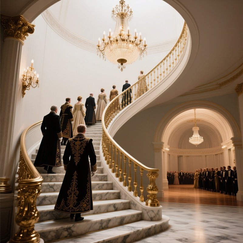 A Grand Staircase Spiraling Upward Under A Chandelier Of Polished Brass, Marble Steps Echoing As A