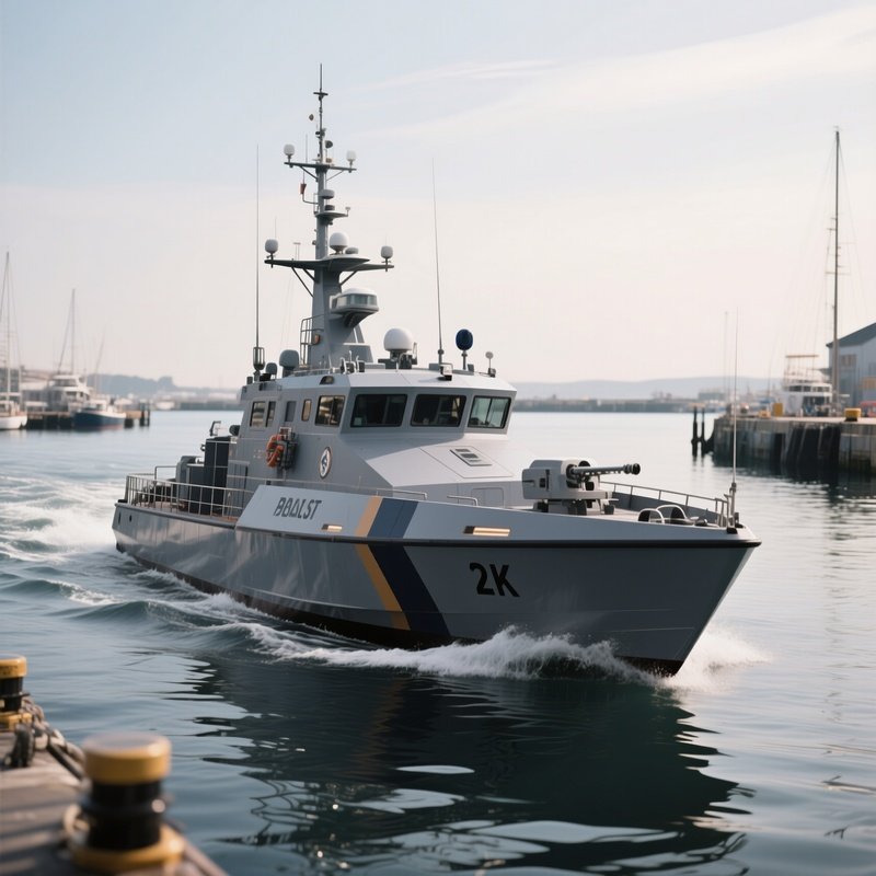 A Gray Patrol Craft Moving Steadily Through Harbor Waters