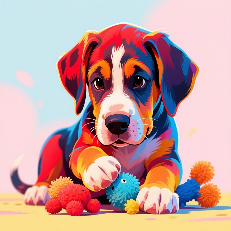 A Great Dane Puppy Playing With Toys In Digital Art Style