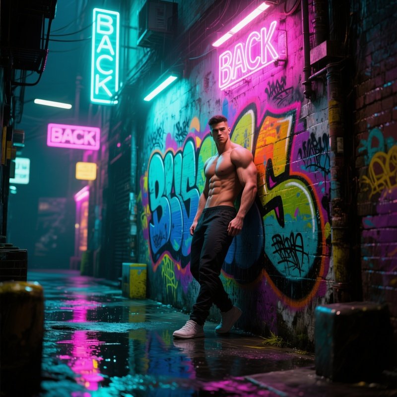 A Gritty Back‑Alley Graffiti Wall, A Muscular Male Posing Against Vibrant Street Art, Neon Signs