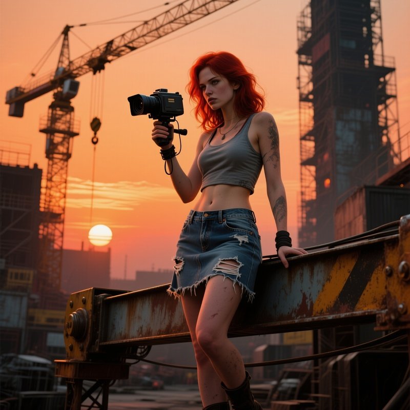 A Gritty Backlot Film Set At Dusk, A Fiery Redhead In A Torn Denim Skirt And Cropped Tank Top With