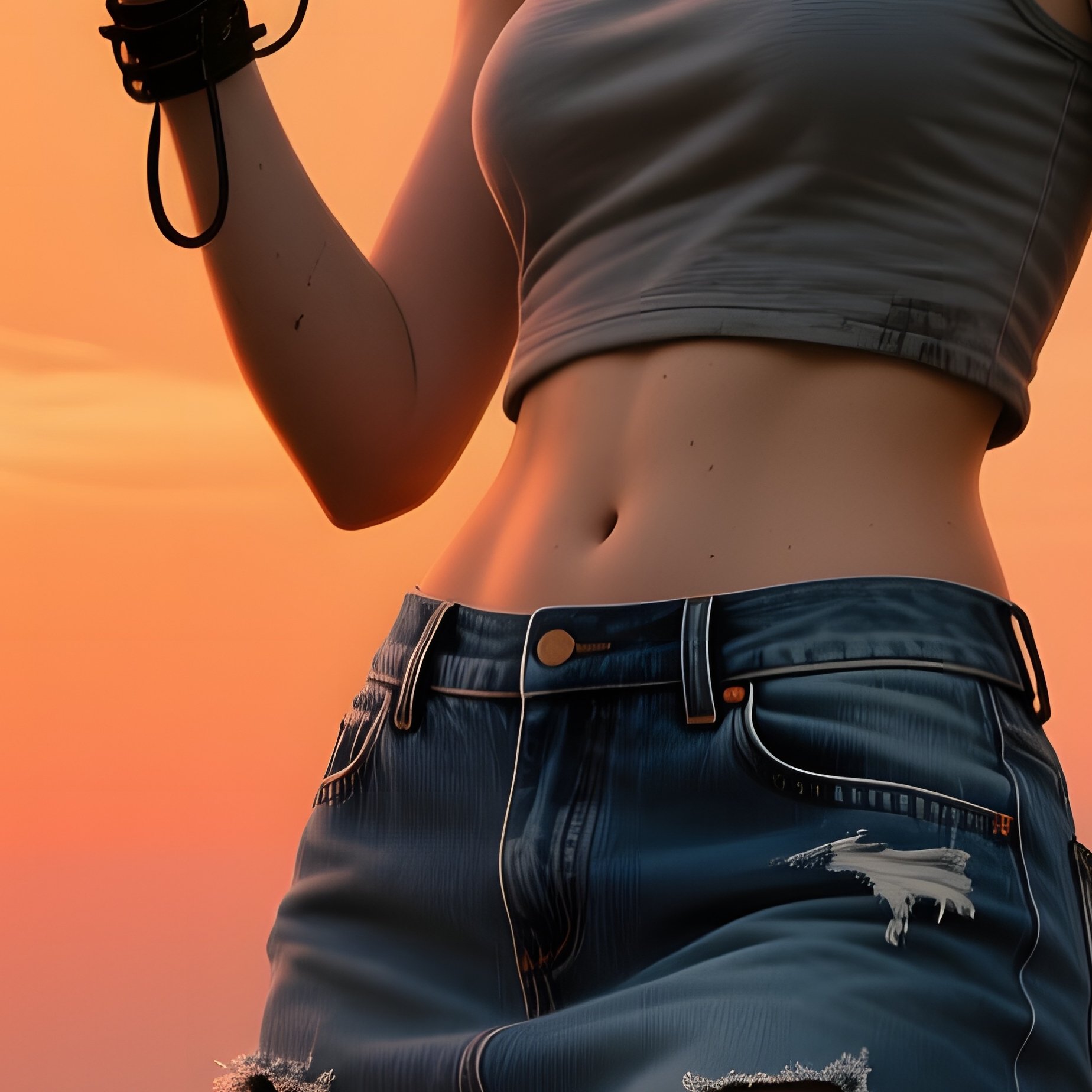 A Gritty Backlot Film Set At Dusk, A Fiery Redhead In A Torn Denim Skirt And Cropped Tank Top With - Full Resolution Quality Preview