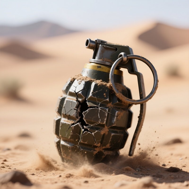 A Gritty Close‑Up Of A Cracked Grenade Body With Its Safety Lever Bent, Dust And Sand Coating The