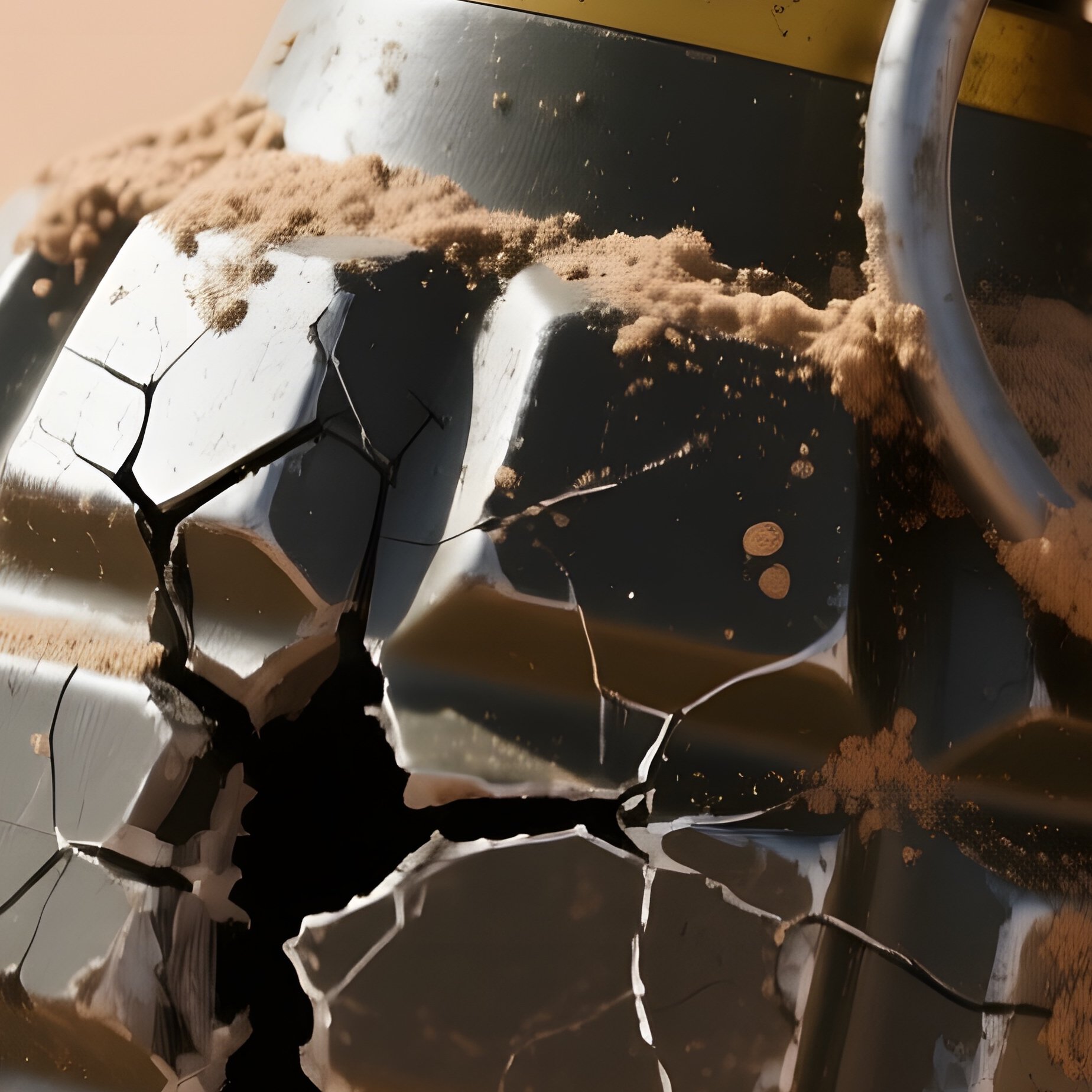 A Gritty Close‑Up Of A Cracked Grenade Body With Its Safety Lever Bent, Dust And Sand Coating The - Full Resolution Quality Preview