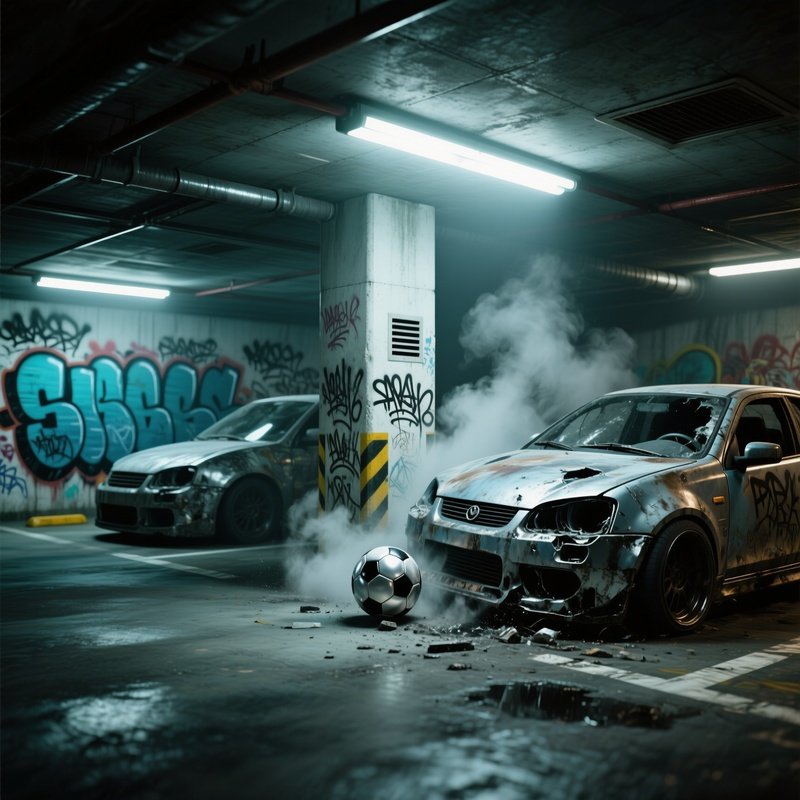 A Gritty Underground Parking Garage Lit By Harsh Fluorescent Tubes, Graffiti‑Sprayed Walls Echoing