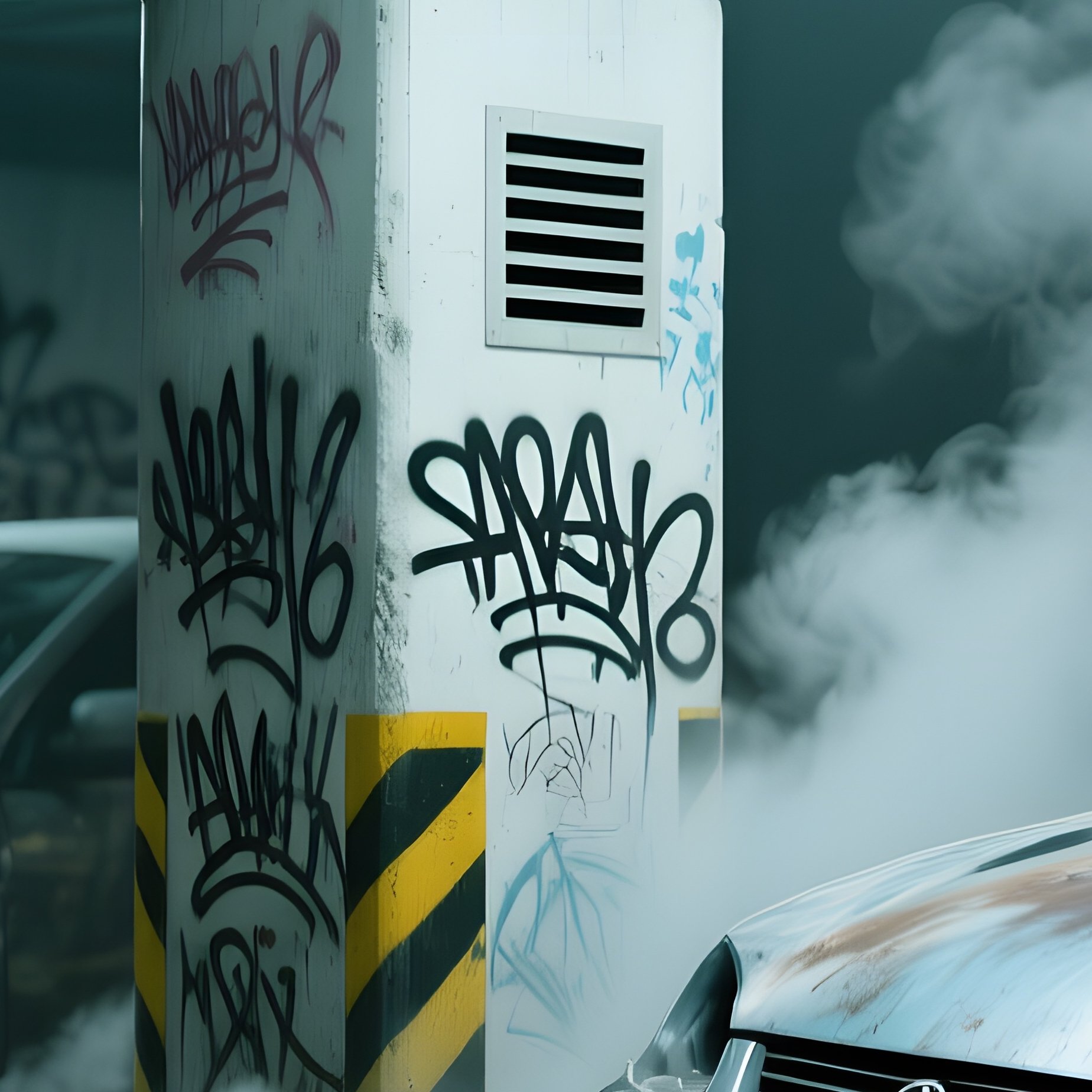 A Gritty Underground Parking Garage Lit By Harsh Fluorescent Tubes, Graffiti‑Sprayed Walls Echoing - Full Resolution Quality Preview