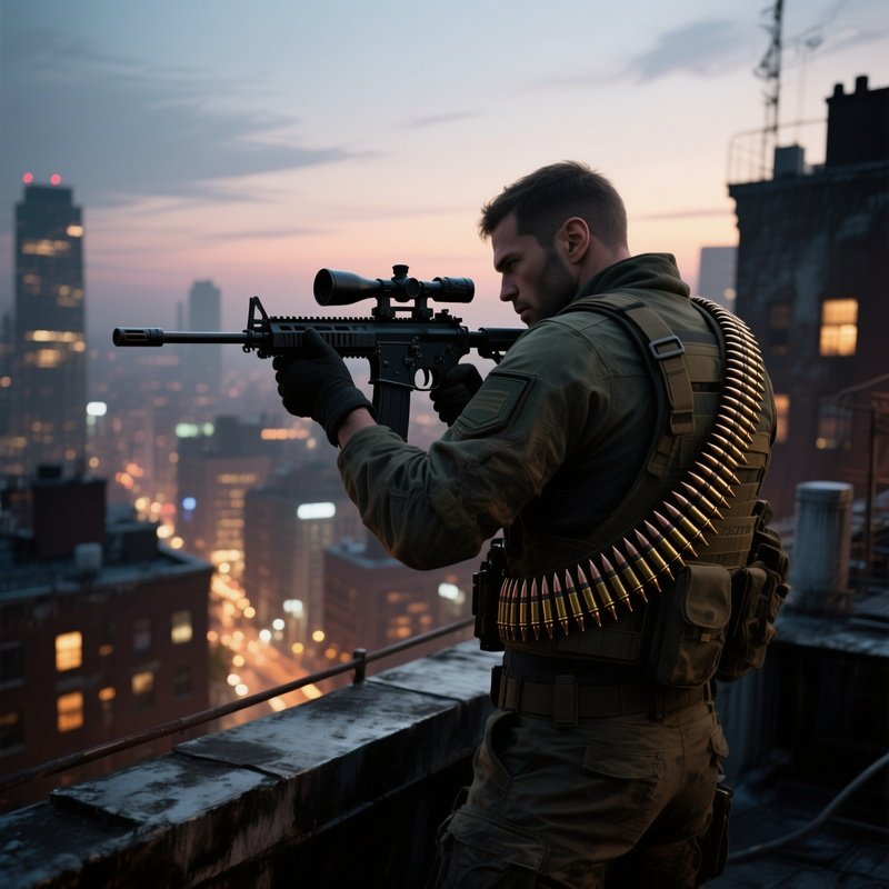 A Gritty Urban Rooftop At Twilight, A Sniper’S Nest With A High‑Powered Rifle And A Belt Of 7.62Mm