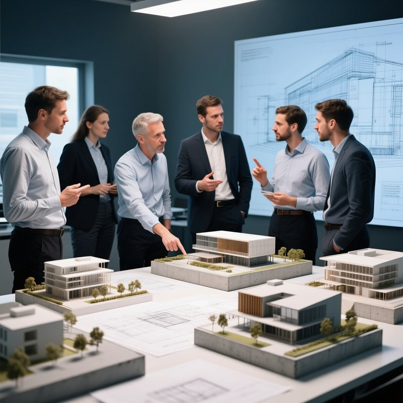 A Group Of Architects Discussing Building Models On Site