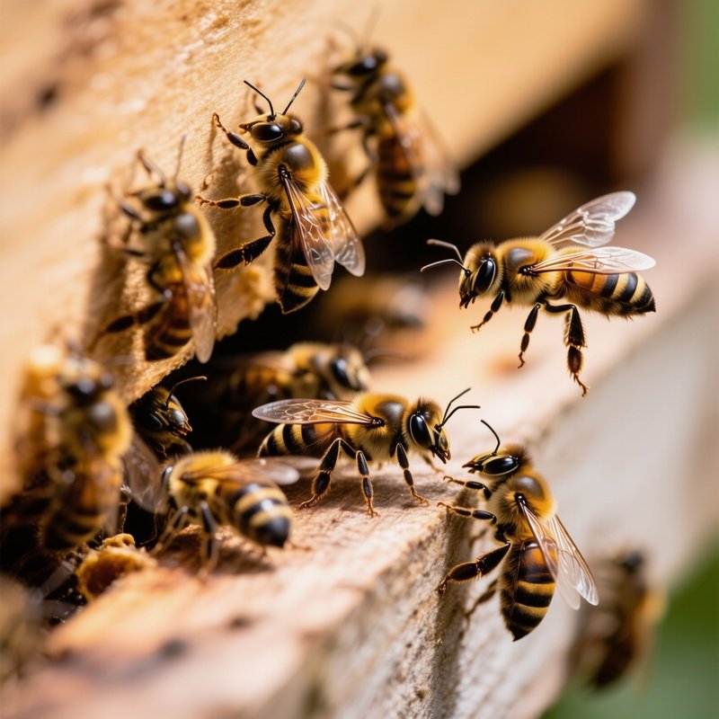 A Group Of Bees Interacting On A Wooden Surface Bees Nature