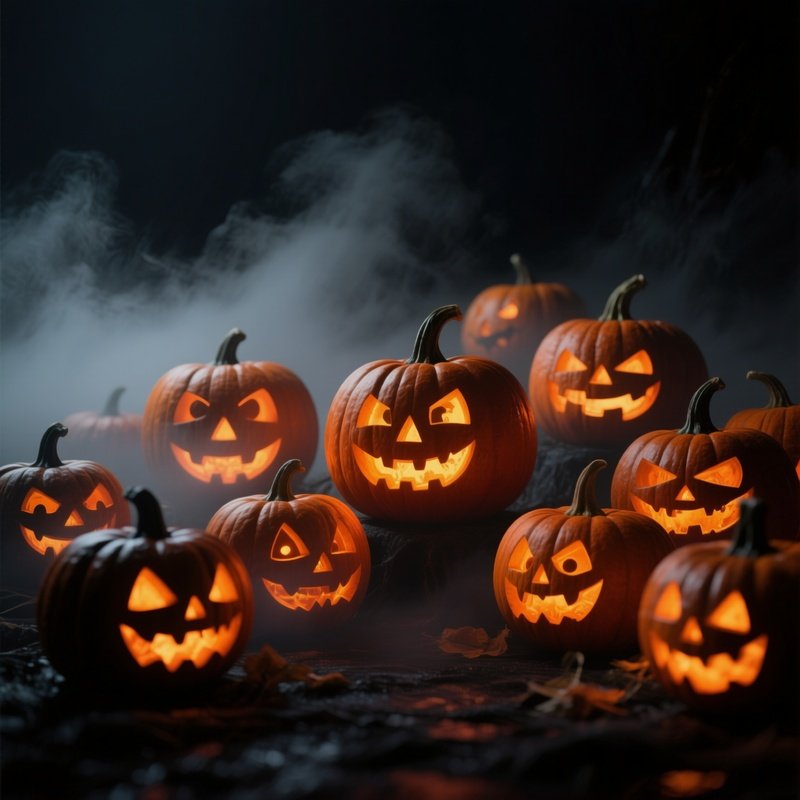 A Group Of Carved Pumpkins Illuminated From Within Halloween