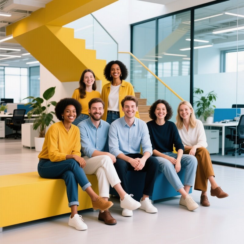 A Group Of Five Young Adults Posing Together In An Office Setting