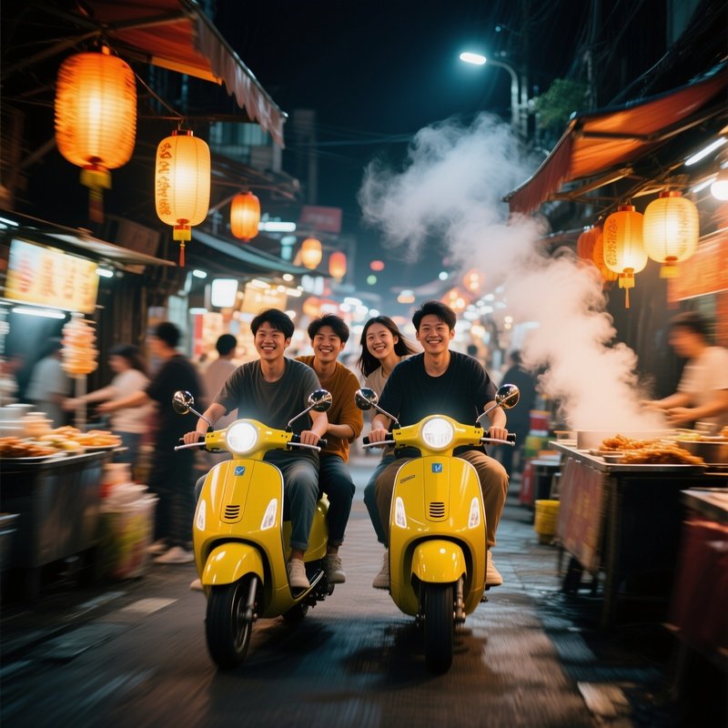 A Group Of Friends Riding Bright Matte Scooters Along A Bustling Night Market Lane, Lanterns