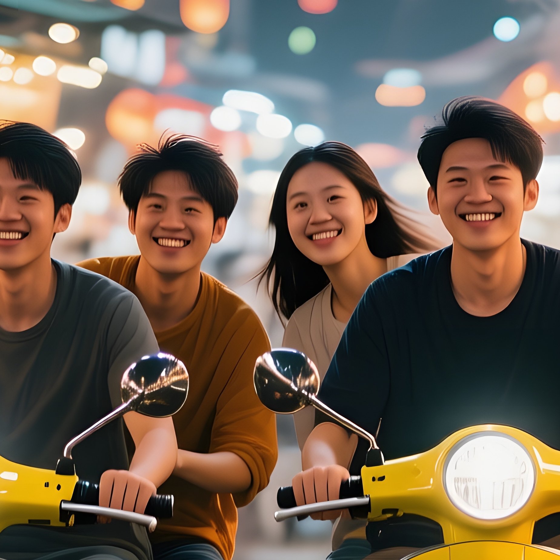 A Group Of Friends Riding Bright Matte Scooters Along A Bustling Night Market Lane, Lanterns - Full Resolution Quality Preview