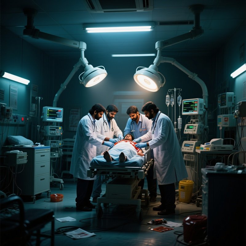 A Group Of Indian Doctors In A Bustling Emergency Department In Ahmedabad At Night, Working