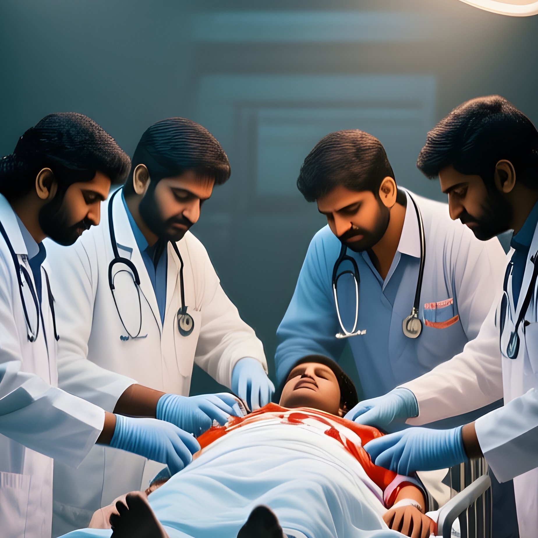 A Group Of Indian Doctors In A Bustling Emergency Department In Ahmedabad At Night, Working - Full Resolution Quality Preview
