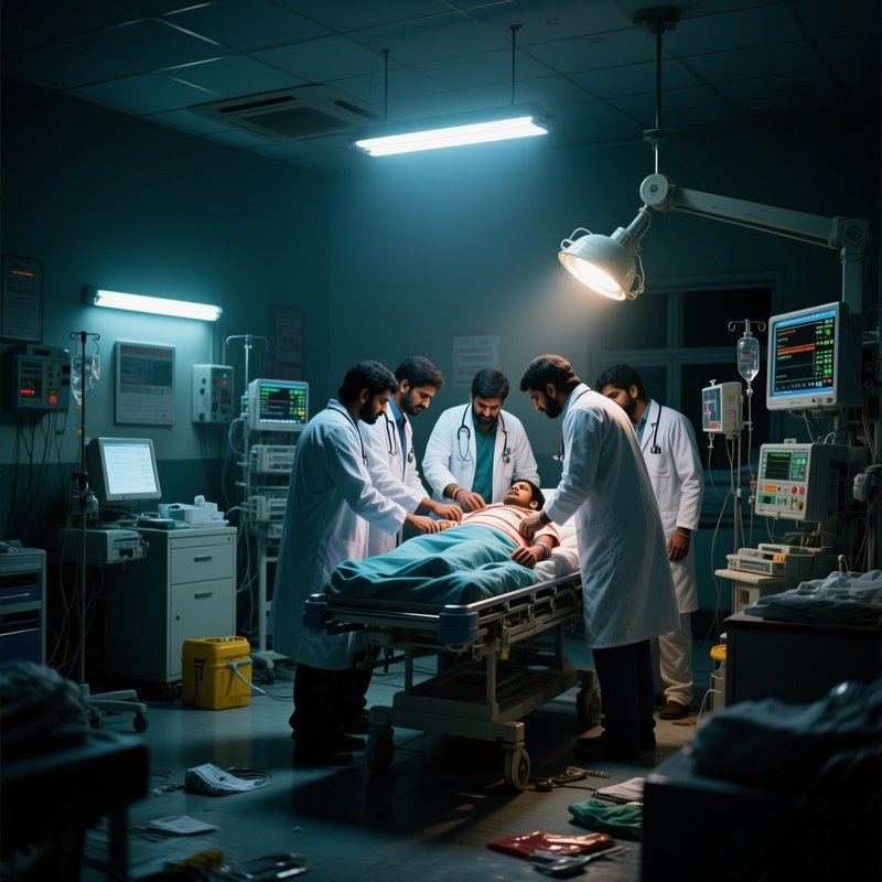 A Group Of Indian Doctors In A Bustling Emergency Department In Patna At Night, Working Together To