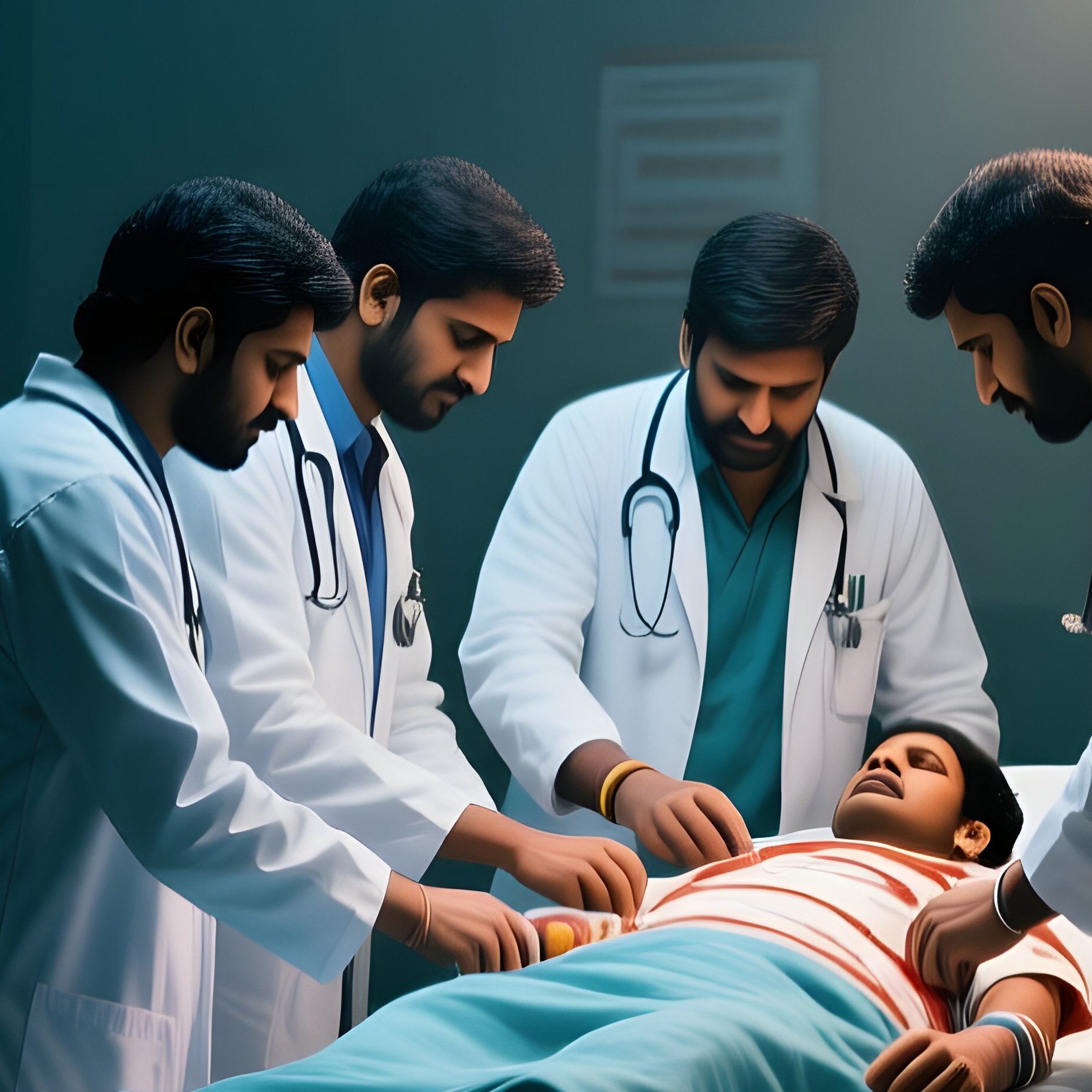 A Group Of Indian Doctors In A Bustling Emergency Department In Patna At Night, Working Together To - Full Resolution Quality Preview