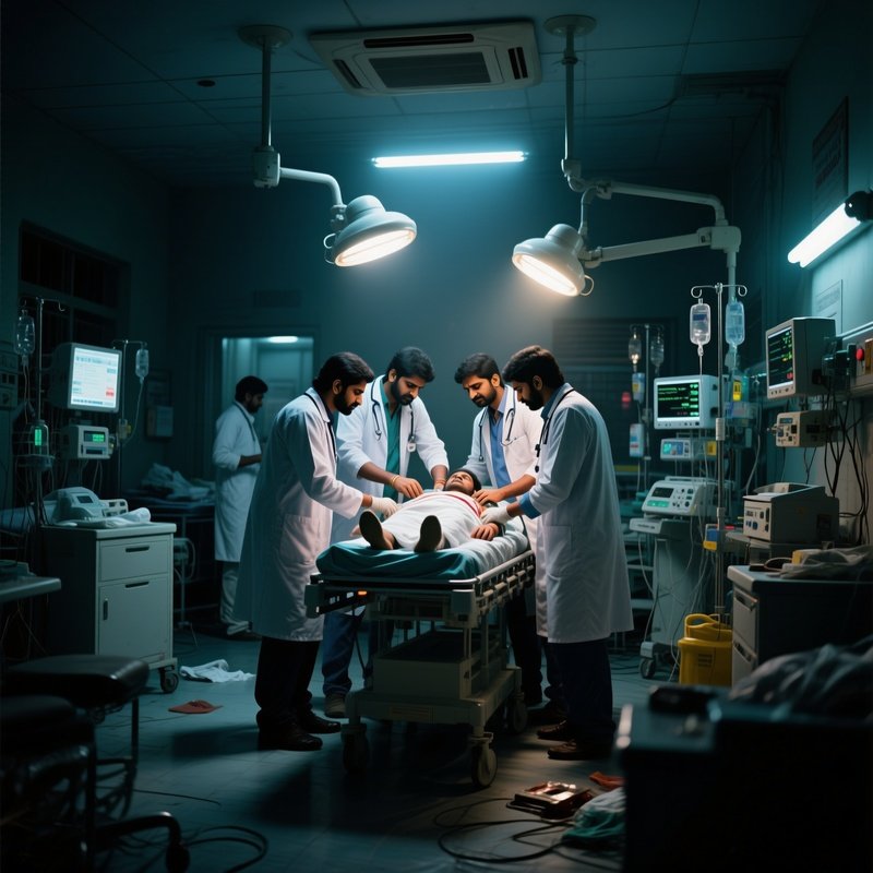 A Group Of Indian Doctors In A Bustling Emergency Department In Kolkata At Night, Working Together