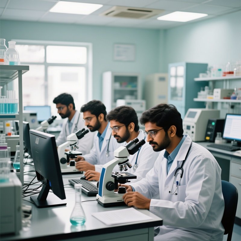 A Group Of Indian Medical Researchers In A Lab In Chandigarh During The Day, Working Intently On