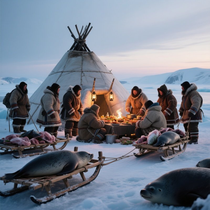 A Group Of Inuit Hunters Returning From A Seal Hunt, Their Sleds Laden With Fresh Catches,
