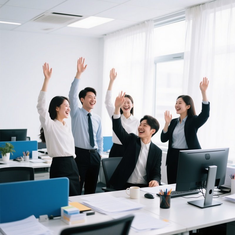 A Group Of People Celebrating In An Office Setting Office