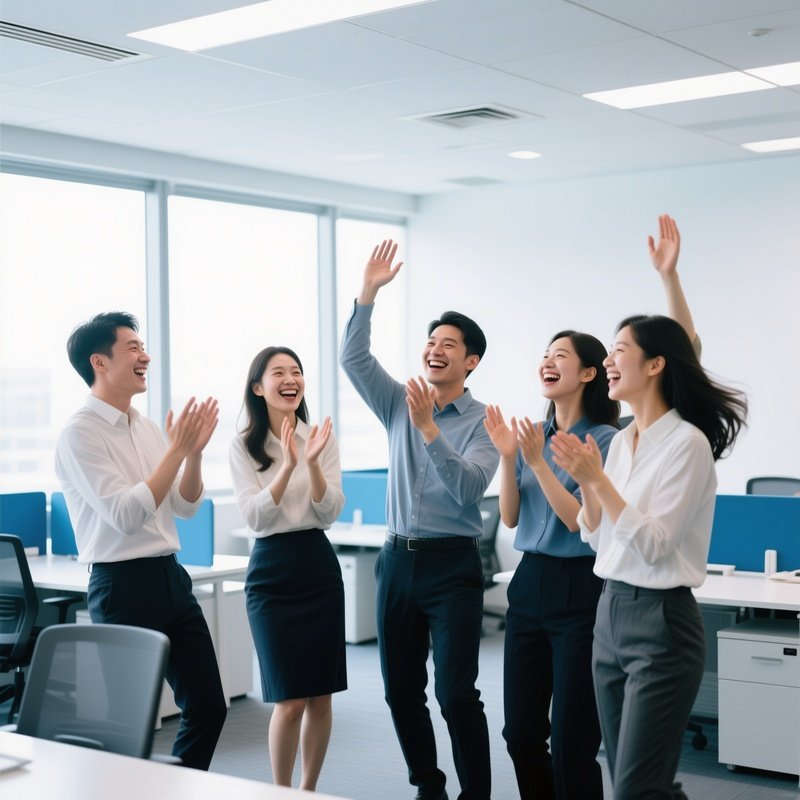 A Group Of People Celebrating In An Office Setting Celebration