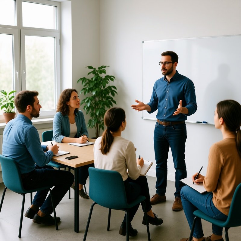 A Group Of People In A Meeting Or Workshop Setting Meeting