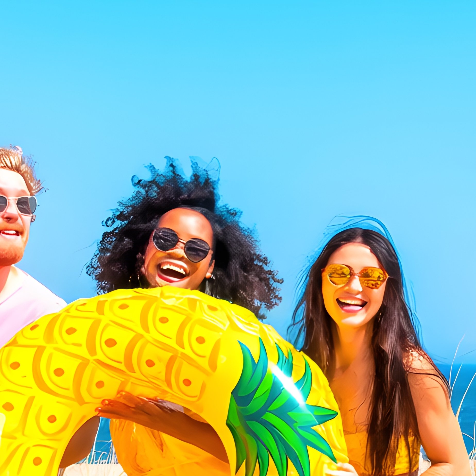 A Group Of Six People Enjoying A Sunny Day By The Sea Summer Beach - Full Resolution Quality Preview