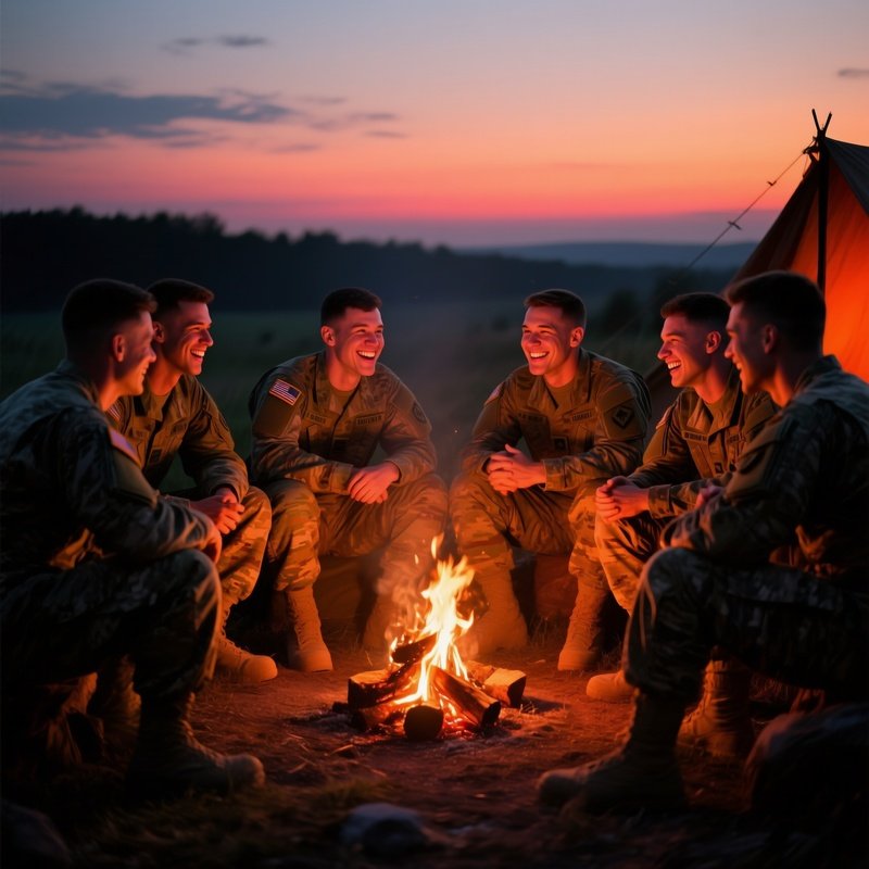 A Group Of Soldiers Standing Around A Campfire At Dusk