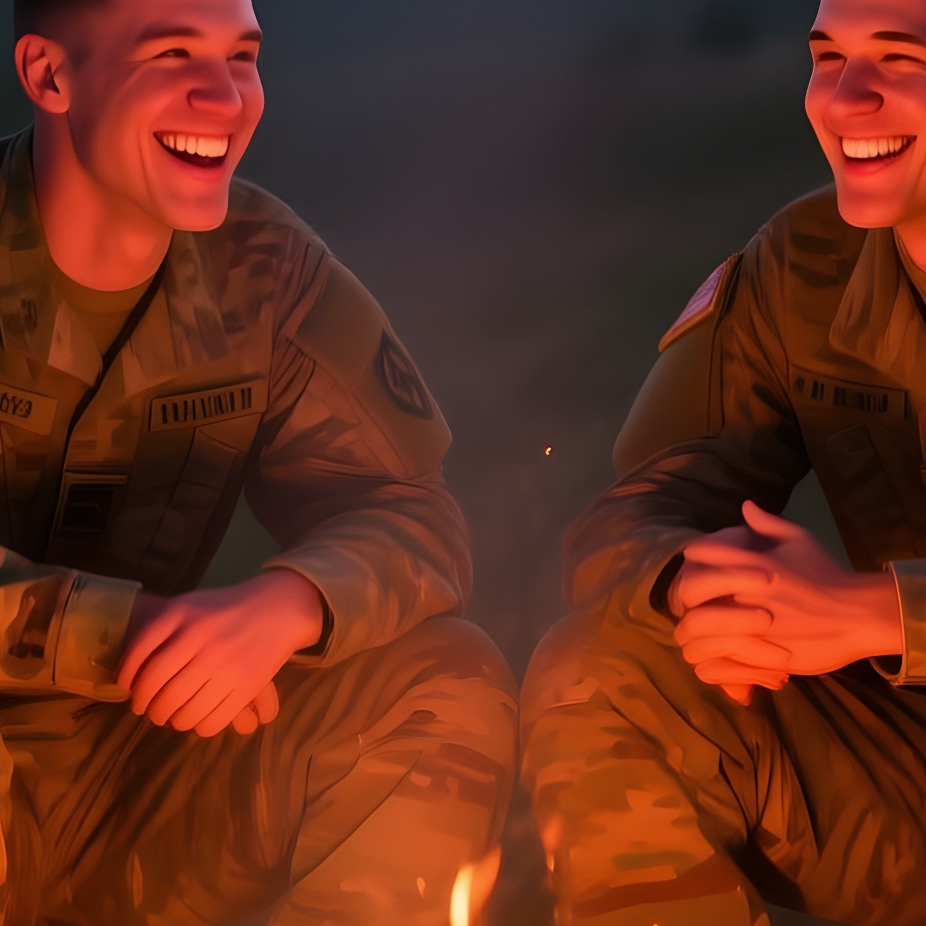 A Group Of Soldiers Standing Around A Campfire At Dusk - Full Resolution Quality Preview