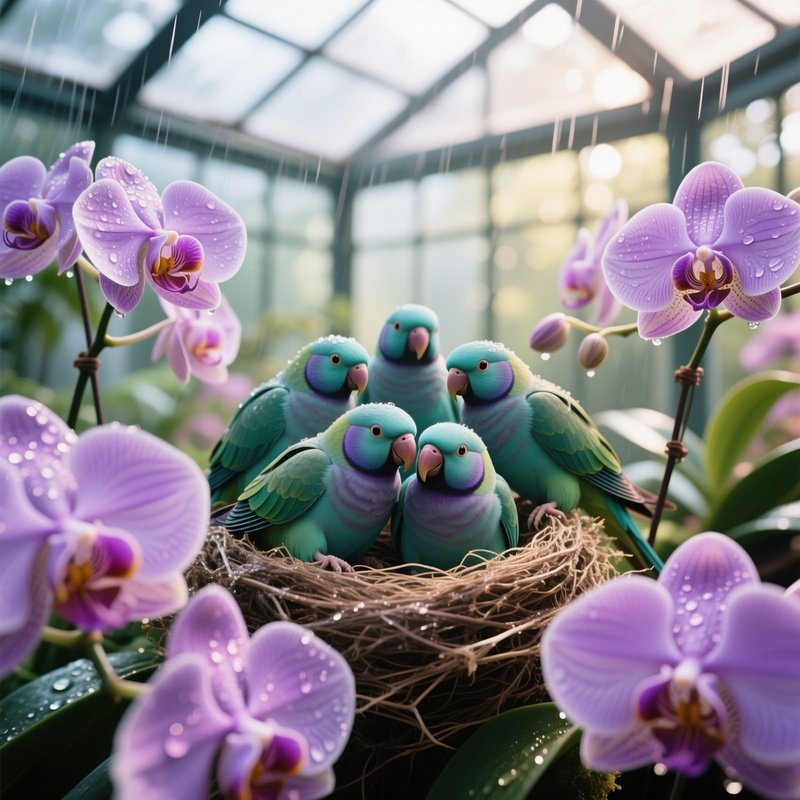 A Group Of Teal And Violet Lovebirds Nesting Among Delicate Orchids Inside A Glass Greenhouse