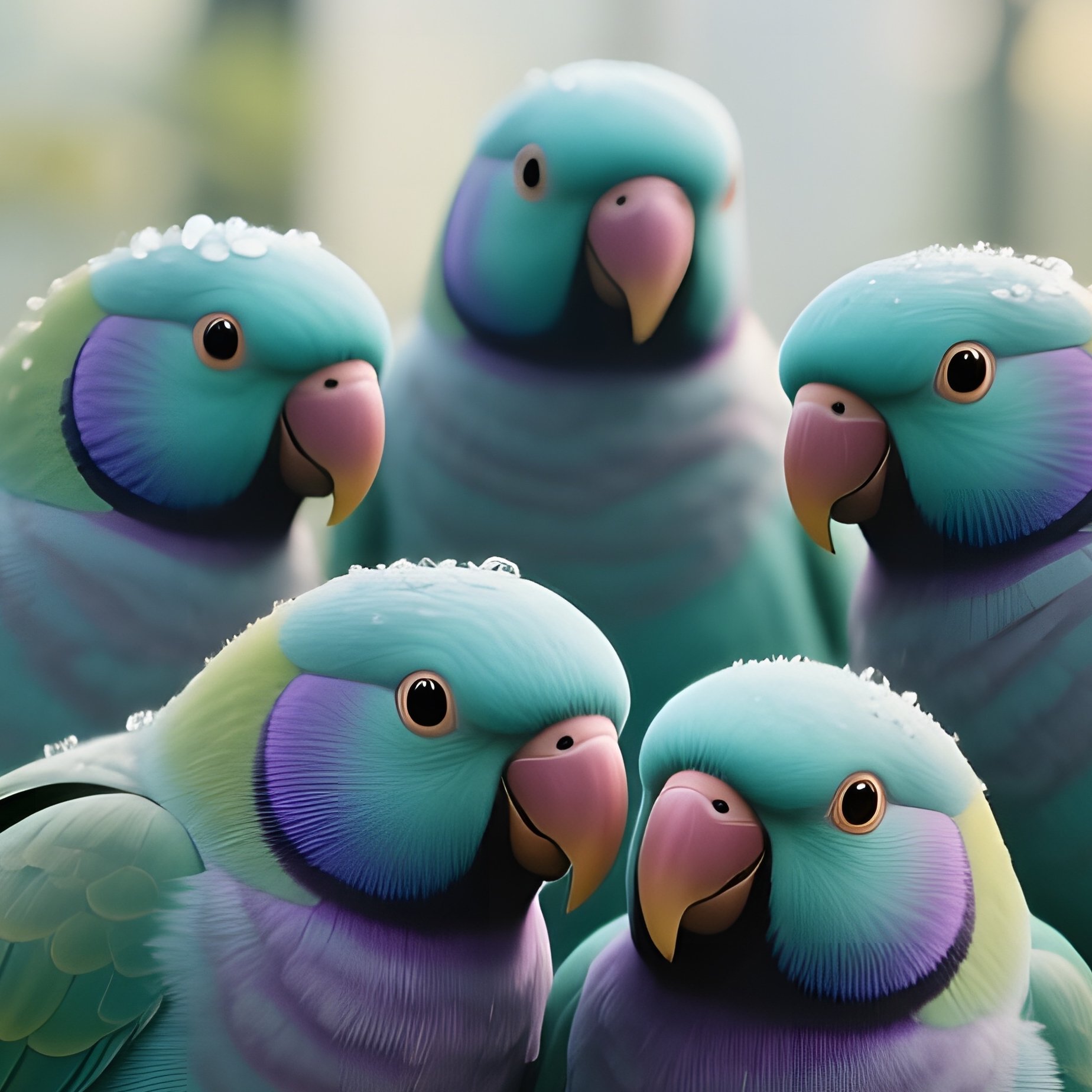 A Group Of Teal And Violet Lovebirds Nesting Among Delicate Orchids Inside A Glass Greenhouse - Full Resolution Quality Preview