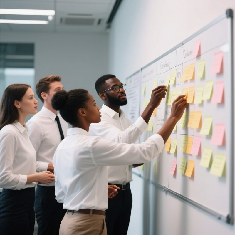 A Group Of White And Black Coworkers Brainstorming Ideas Using Sticky Notes On A Wall.