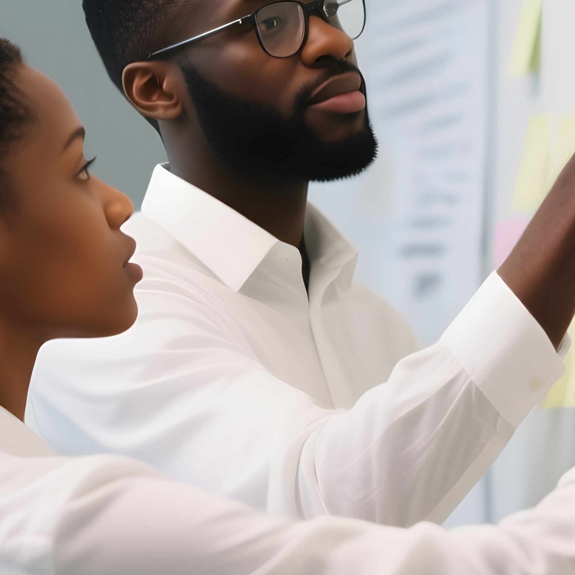 A Group Of White And Black Coworkers Brainstorming Ideas Using Sticky Notes On A Wall. - Full Resolution Quality Preview