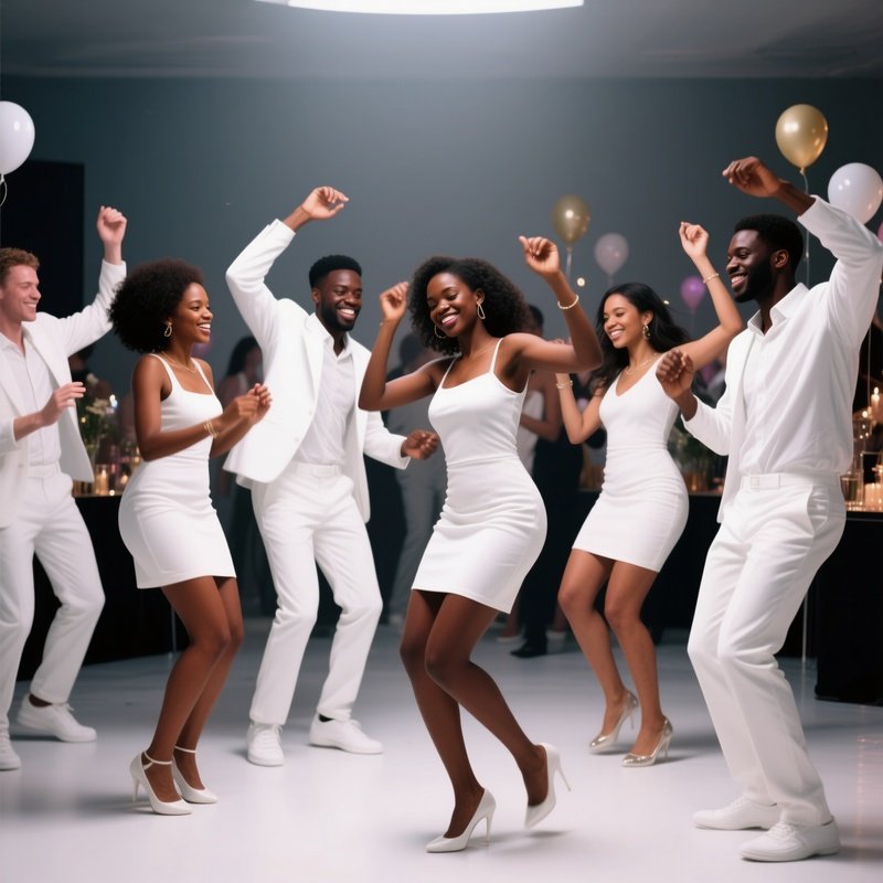 A Group Of White And Black Friends Dancing At A Party.