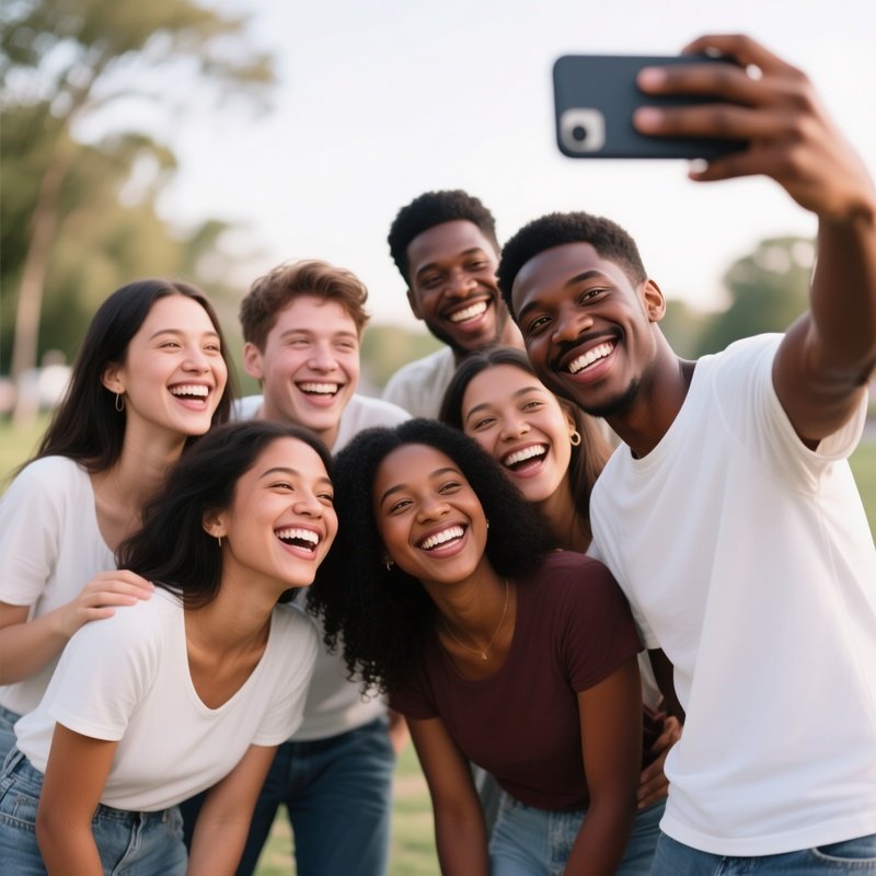 A Group Of White And Black Friends Laughing Together While Taking A Selfie Outdoors.