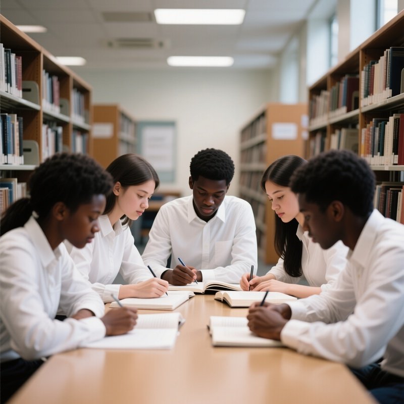 A Group Of White And Black Students Studying Together In A Library.