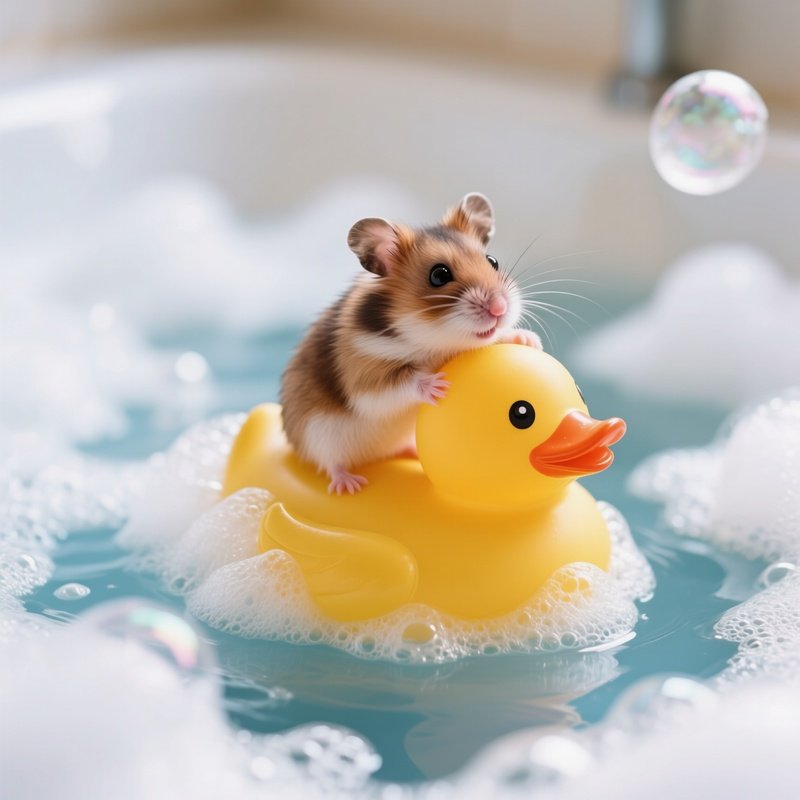 A Hamster Riding A Rubber Duck In A Bubble Bath
