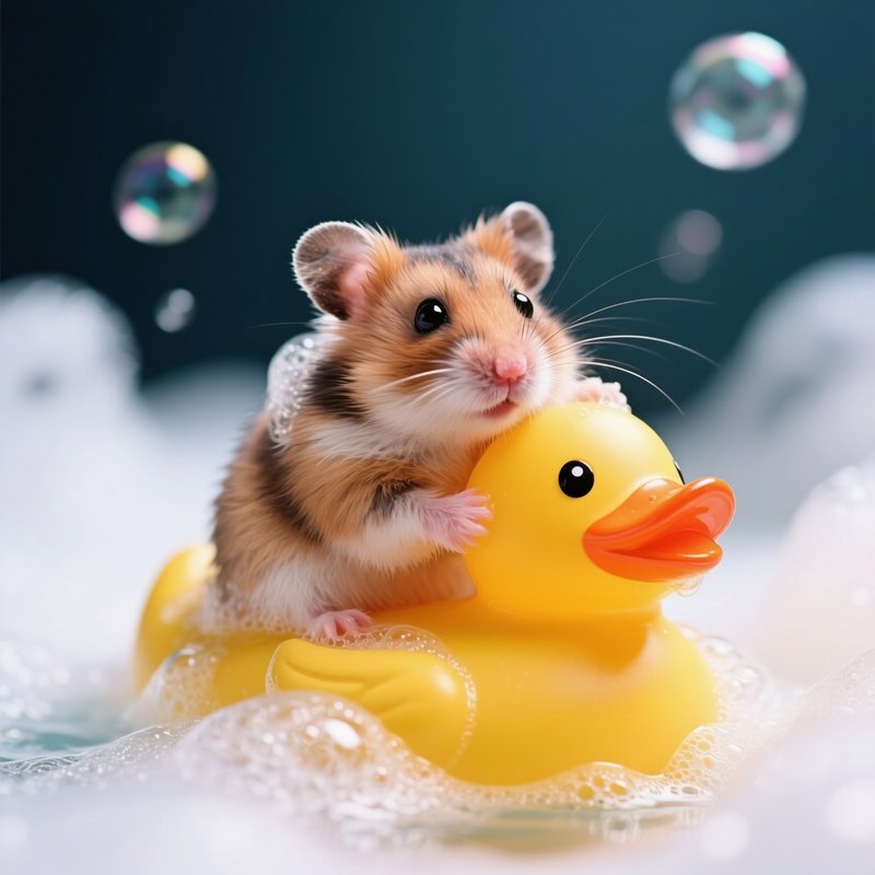 A Hamster Riding A Rubber Duck In Bubble Bath