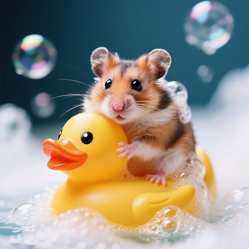 A Hamster Riding A Rubber Duck In Bubble Bath