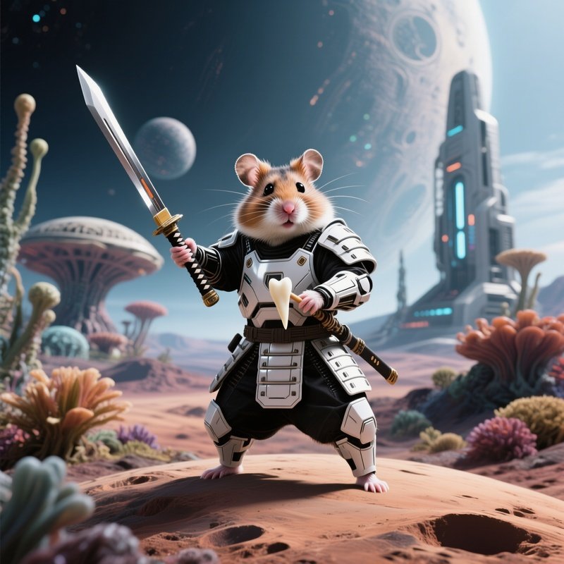 A Hamster Samurai Wielding A Toothpick Sword Alien Scene