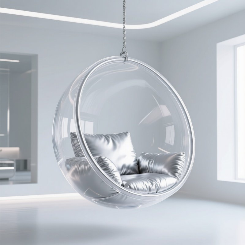 A Hanging Bubble Chair Made Of Clear Acrylic With Silver Cushions